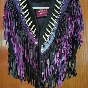 Ladies leather vest with fringe, purple and black